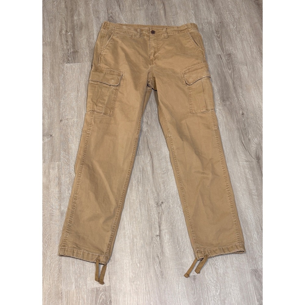 American Eagle Slim Flex Cargo Pants Mens 33x34 Khaki Tan Drawstring Hem Utility